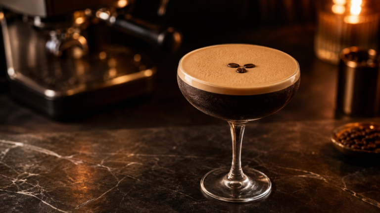 Classic espresso martini with thick foam and three coffee beans in a chilled coupe glass