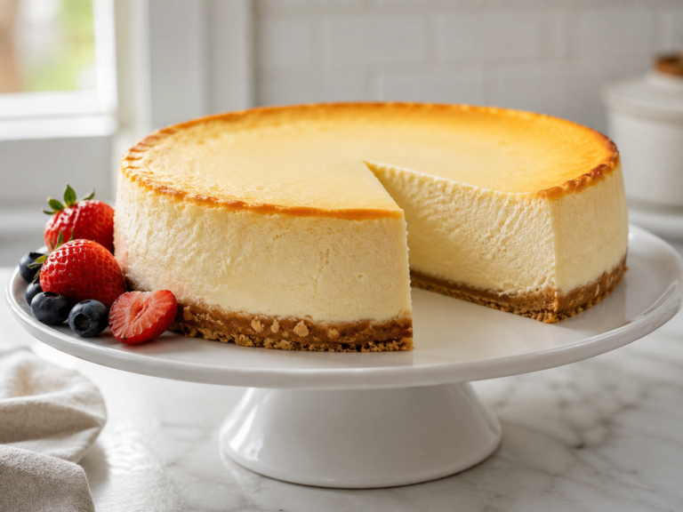 Classic creamy cheesecake with a buttery graham cracker crust and fresh berries