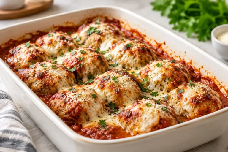 Baked chicken Parmesan meatballs with marinara and melted mozzarella