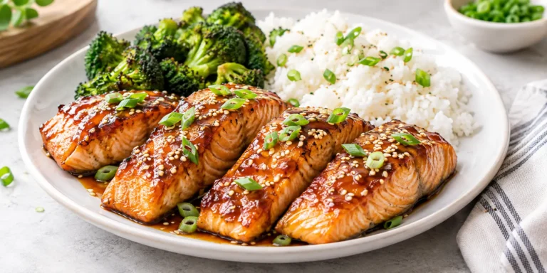 Baked teriyaki salmon with rice, broccoli, sesame seeds, and green onions