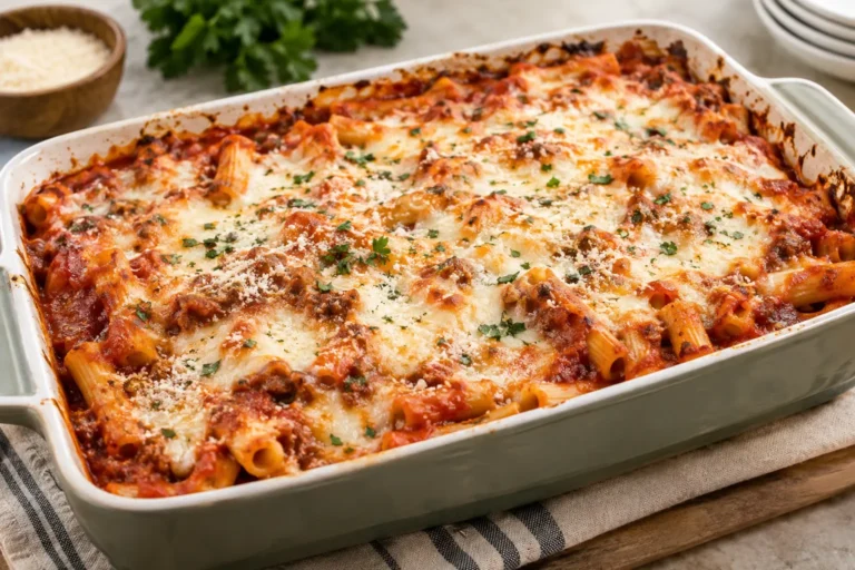 Baked ziti with marinara sauce and melted mozzarella