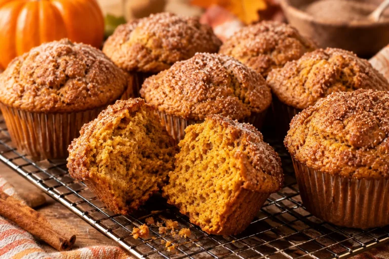 Cinnamon sugar pumpkin muffins with golden tops on a cooling r