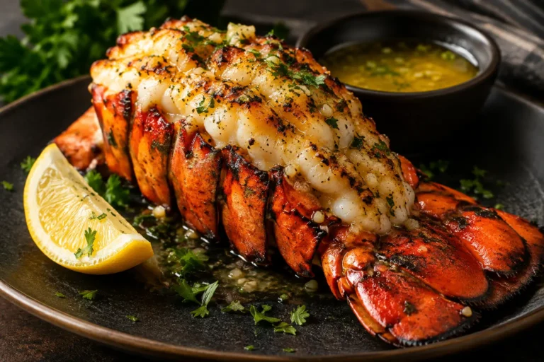 Grilled lobster tail brushed with garlic butter and lemon