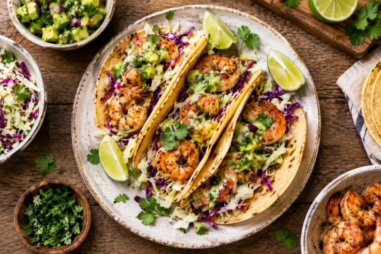 Grilled shrimp tacos with avocado salsa, cabbage, and lime wedges