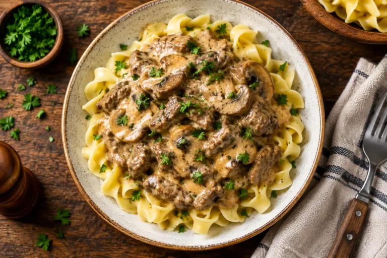 Creamy beef stroganoff served over egg noodles