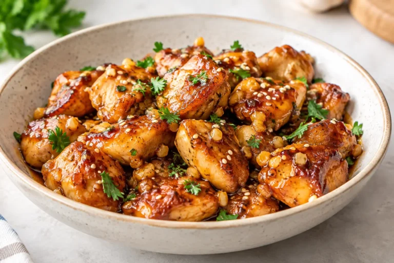 Honey garlic butter chicken coated in a glossy garlic butter sauce