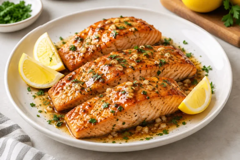 Honey garlic butter salmon with lemon and garlic butter sauce