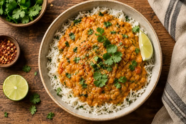 Creamy red lentil curry with coconut milk over basmati rice