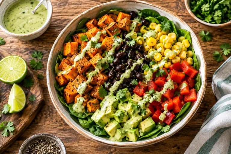 Roasted sweet potato black bean salad with avocado and lime dressing