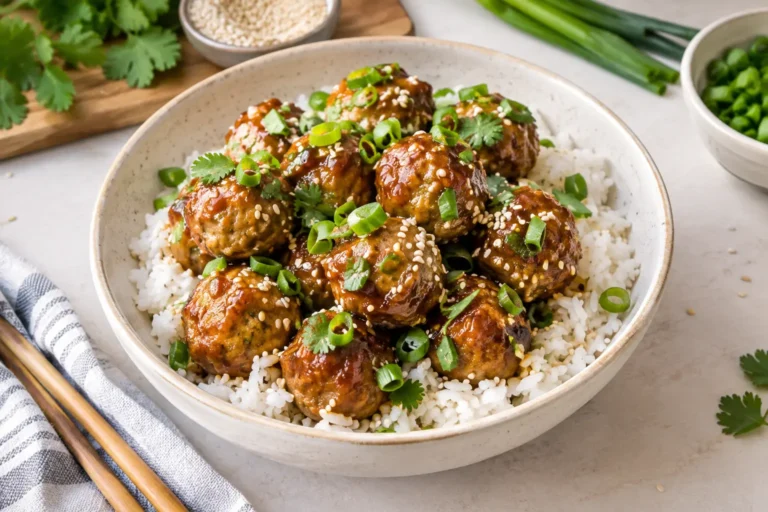 Sesame ginger chicken meatballs with sticky sauce served over white rice