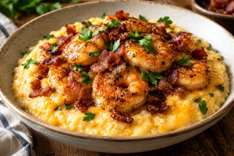 Creamy shrimp and grits topped with bacon and parsley in a bowl