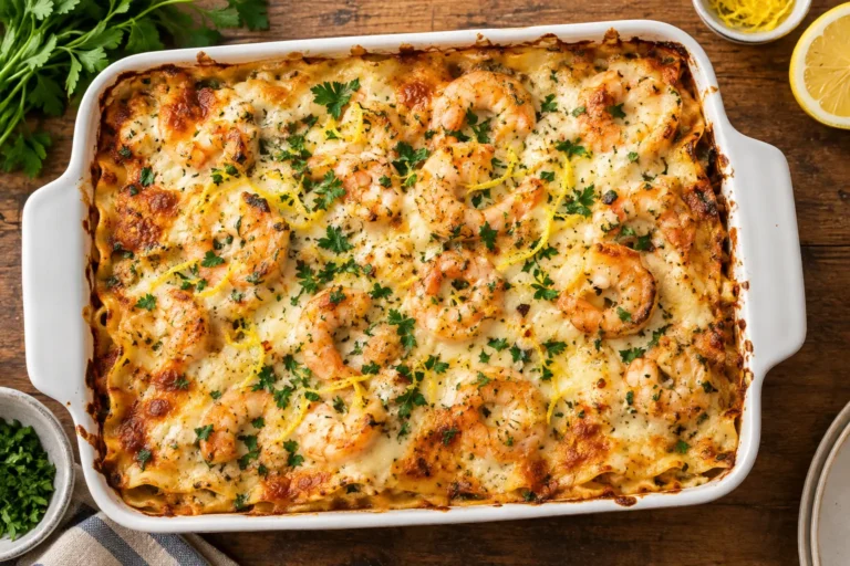 Baked shrimp scampi lasagna with golden melted cheese