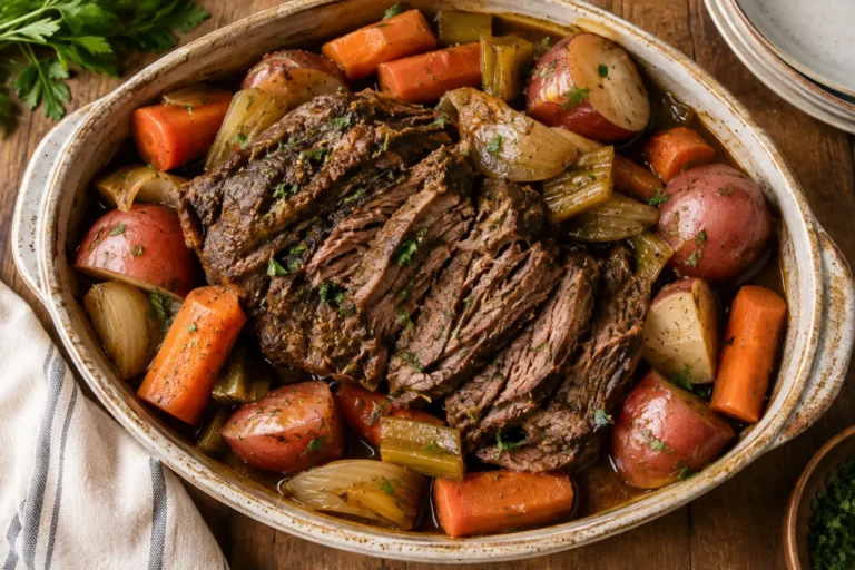 Slow cooker pot roast with vegetables, carrots, and potatoes