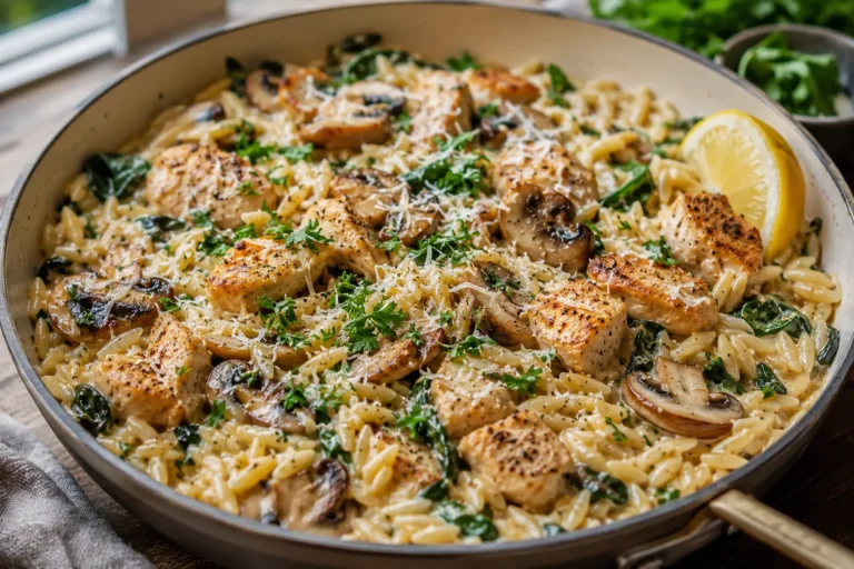 Creamy spinach mushroom orzo with chicken in one pan