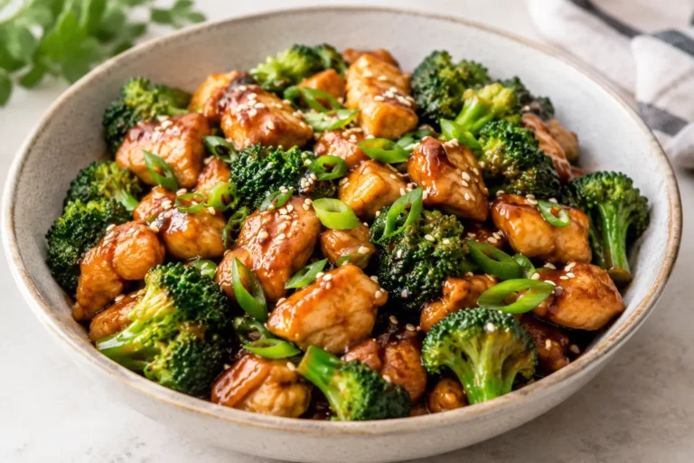Teriyaki chicken and broccoli stir fry with glossy sauce