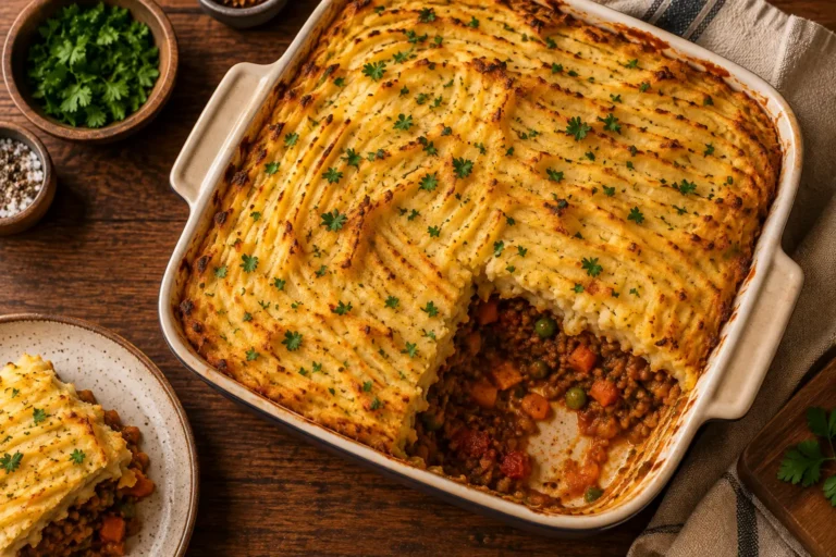 Baked vegan lentil shepherd pie with golden mashed potato topping
